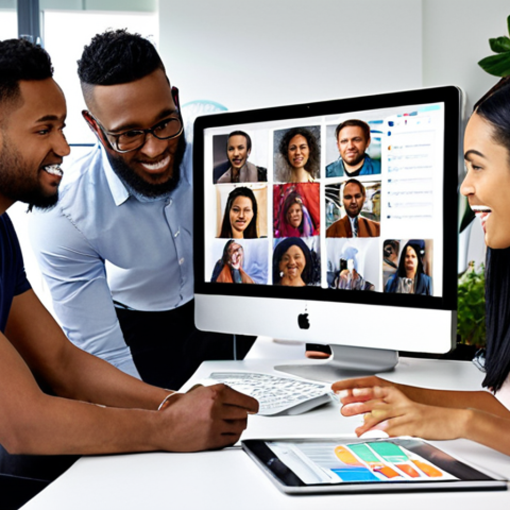 **A diverse team collaborating in a modern office, showcasing social media posts highlighting their achievements. Focus on multicultural team building activities and successful projects.** (Keywords: diverse team, collaboration, social media, multicultural, team building, success)