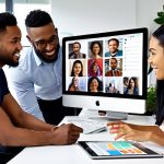 **A diverse team collaborating in a modern office, showcasing social media posts highlighting their achievements. Focus on multicultural team building activities and successful projects.** (Keywords: diverse team, collaboration, social media, multicultural, team building, success)