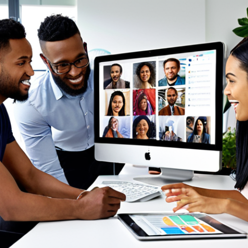 **A diverse team collaborating in a modern office, showcasing social media posts highlighting their achievements. Focus on multicultural team building activities and successful projects.** (Keywords: diverse team, collaboration, social media, multicultural, team building, success)
