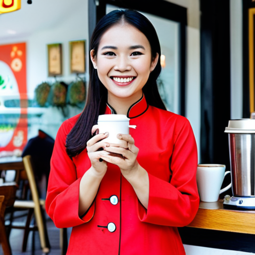 Happy Customer Testimonial**

"A cheerful Vietnamese woman in her late 20s, wearing a stylish Ao Dai (traditional Vietnamese dress), stands in front of her thriving small business - a modern coffee shop in Hanoi. She's holding a cup of coffee and smiling genuinely at the camera. The coffee shop has a vibrant, positive atmosphere with happy customers inside.  Caption overlayed: "My business wouldn't be where it is today without [Your Brand/Product Name]!".  perfect anatomy, correct proportions, natural pose, well-formed hands, proper finger count, professional photograph, high quality, safe for work, appropriate content, fully clothed, modest clothing, family-friendly."

**
