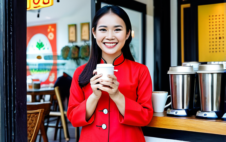 Happy Customer Testimonial**

"A cheerful Vietnamese woman in her late 20s, wearing a stylish Ao Dai (traditional Vietnamese dress), stands in front of her thriving small business - a modern coffee shop in Hanoi. She's holding a cup of coffee and smiling genuinely at the camera. The coffee shop has a vibrant, positive atmosphere with happy customers inside.  Caption overlayed: "My business wouldn't be where it is today without [Your Brand/Product Name]!".  perfect anatomy, correct proportions, natural pose, well-formed hands, proper finger count, professional photograph, high quality, safe for work, appropriate content, fully clothed, modest clothing, family-friendly."

**