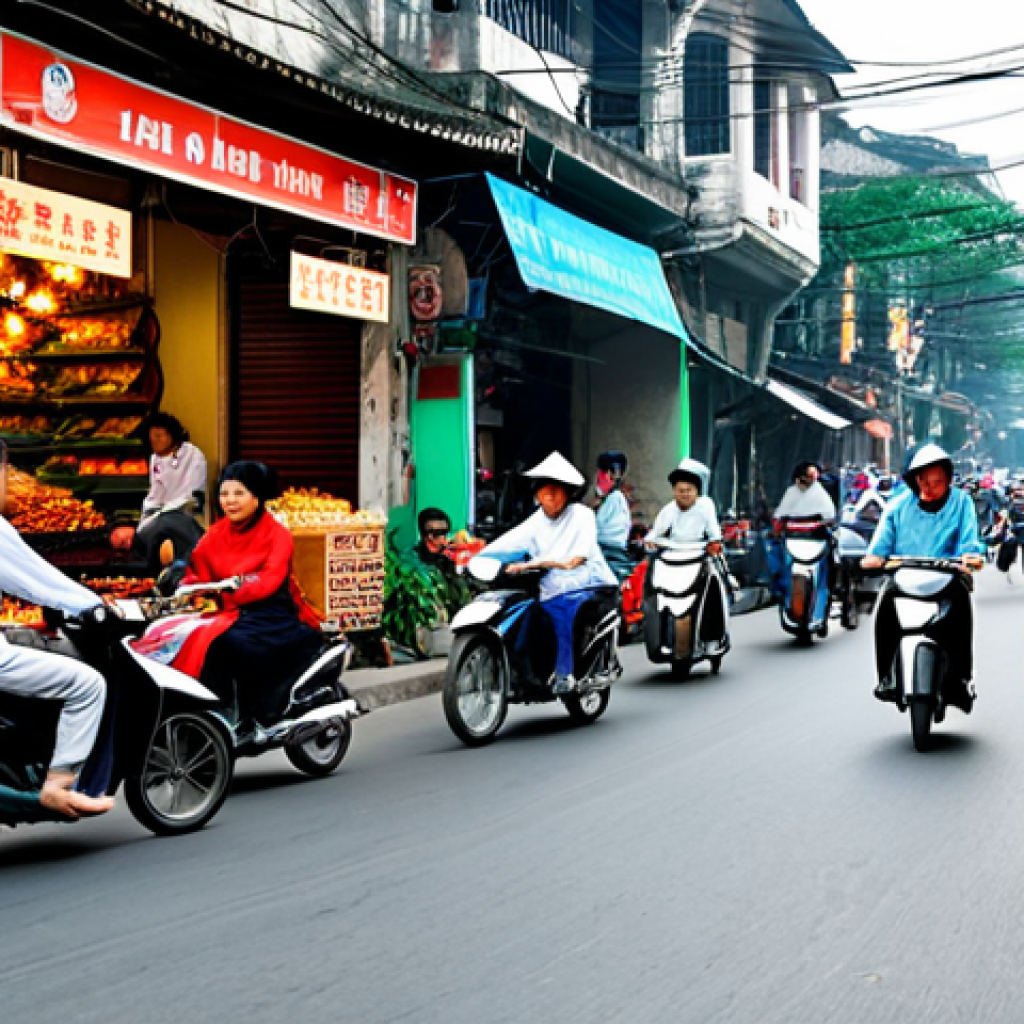 **
"A bustling street scene in Hanoi, Vietnam. Motorbikes weave through the crowded streets, vendors sell street food from carts, and traditional Vietnamese architecture lines the background. People are dressed in everyday, modest clothing. The atmosphere is vibrant and full of life. Safe for work, appropriate content, fully clothed, family-friendly, professional photography, high quality, perfect anatomy, natural pose."
**