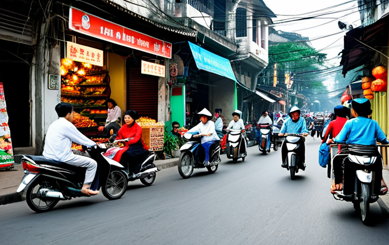 **
"A bustling street scene in Hanoi, Vietnam. Motorbikes weave through the crowded streets, vendors sell street food from carts, and traditional Vietnamese architecture lines the background. People are dressed in everyday, modest clothing. The atmosphere is vibrant and full of life. Safe for work, appropriate content, fully clothed, family-friendly, professional photography, high quality, perfect anatomy, natural pose."
**