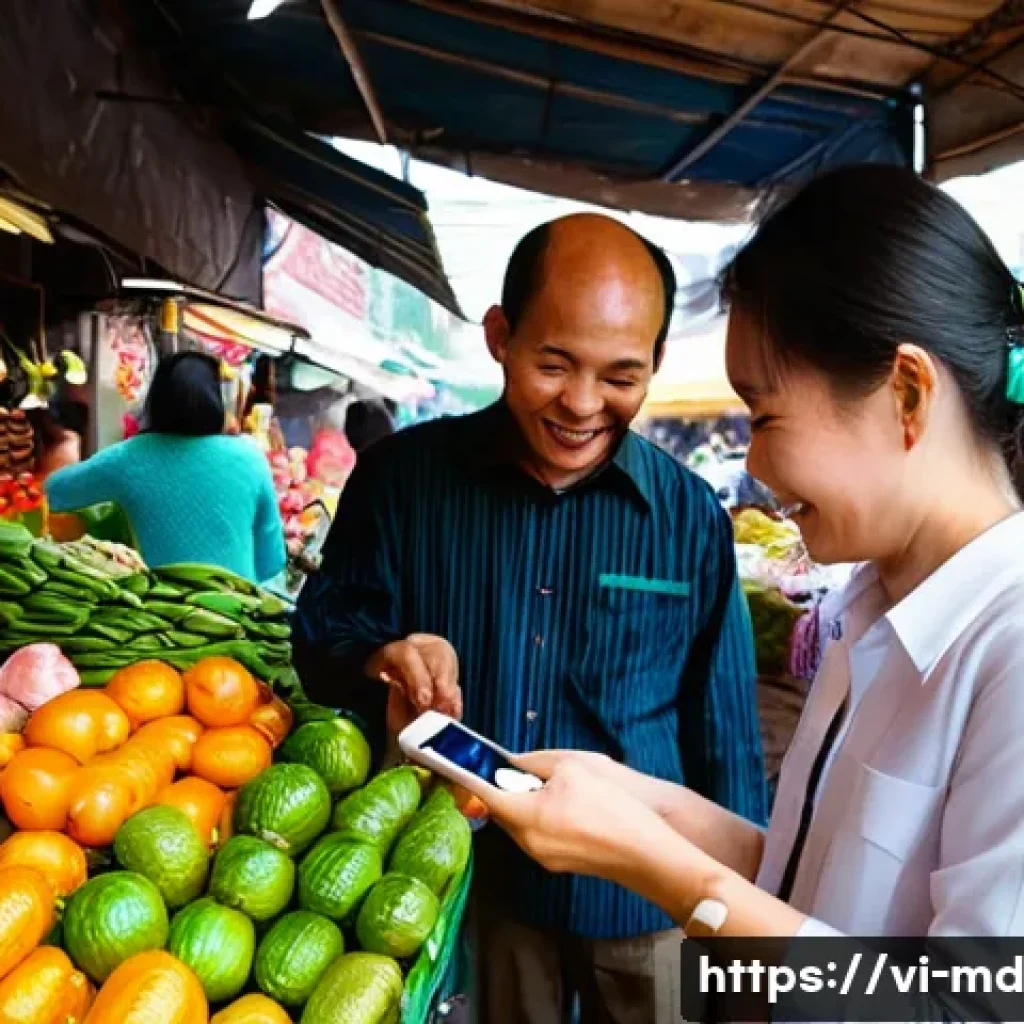 소셜 증명과 마케팅 ROI 분석 - **Prompt:** A vibrant and bustling Vietnamese marketplace scene, filled with diverse customers of va...