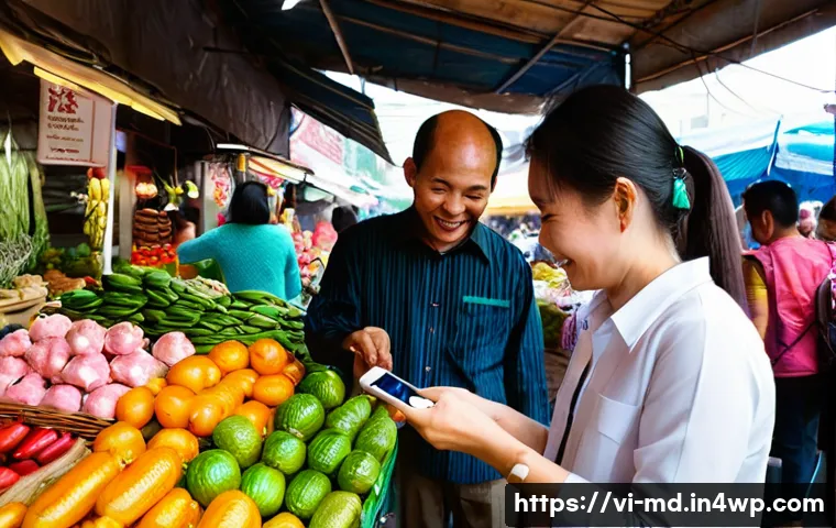 소셜 증명과 마케팅 ROI 분석 - **Prompt:** A vibrant and bustling Vietnamese marketplace scene, filled with diverse customers of va...