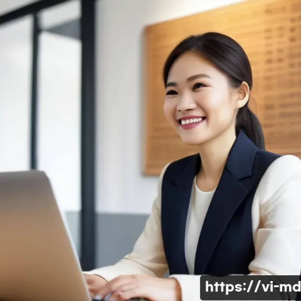 소셜 증명과 직업적 신뢰성 향상 - A professional Vietnamese businesswoman in a modern office environment, smiling confidently while re...