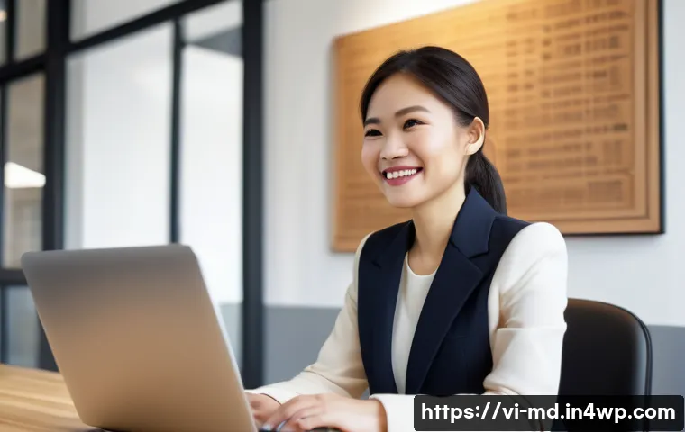소셜 증명과 직업적 신뢰성 향상 - A professional Vietnamese businesswoman in a modern office environment, smiling confidently while re...