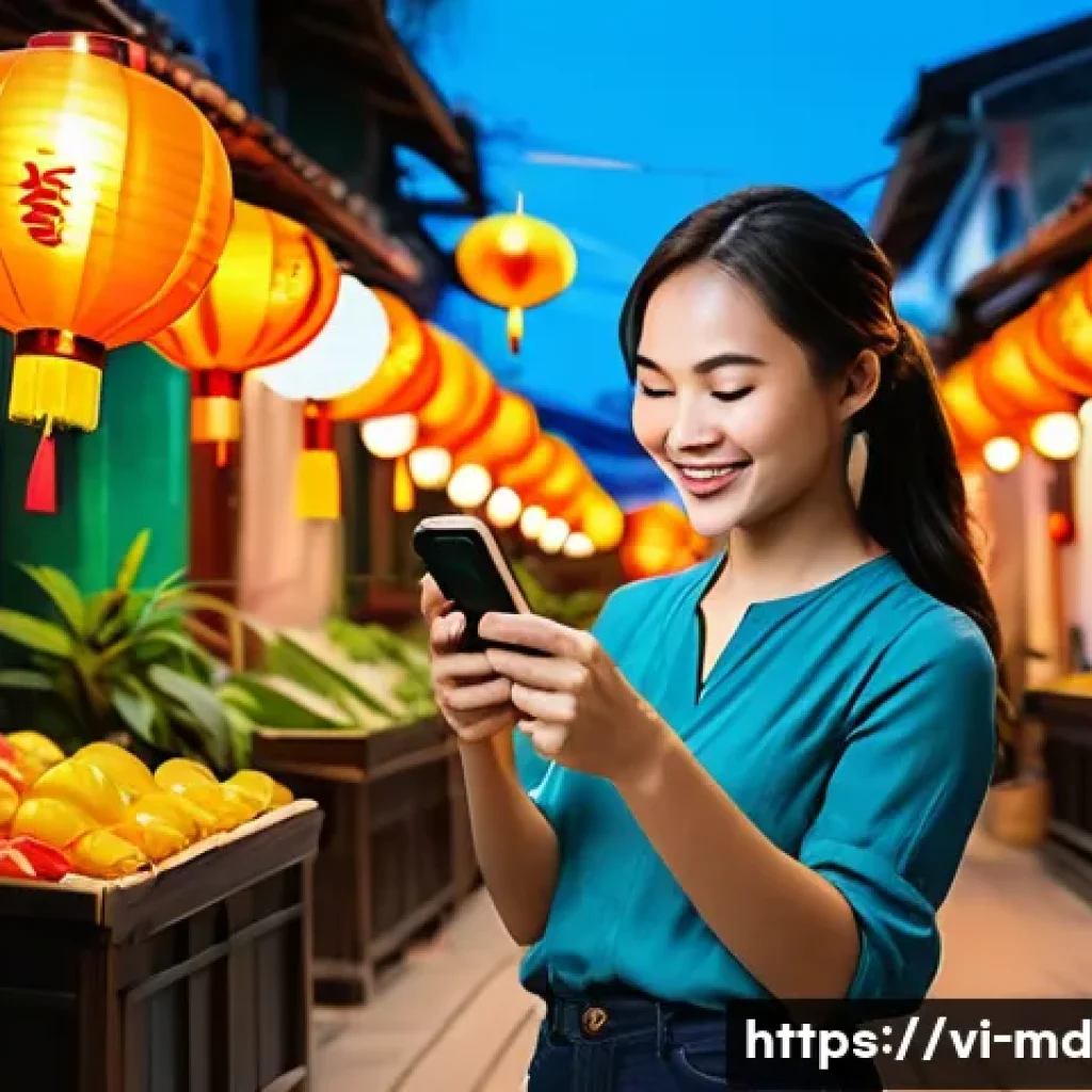 소셜 증명과 개인정보 보호의 필요성 - A vibrant Vietnamese digital marketplace scene showcasing a small local business owner happily engag...