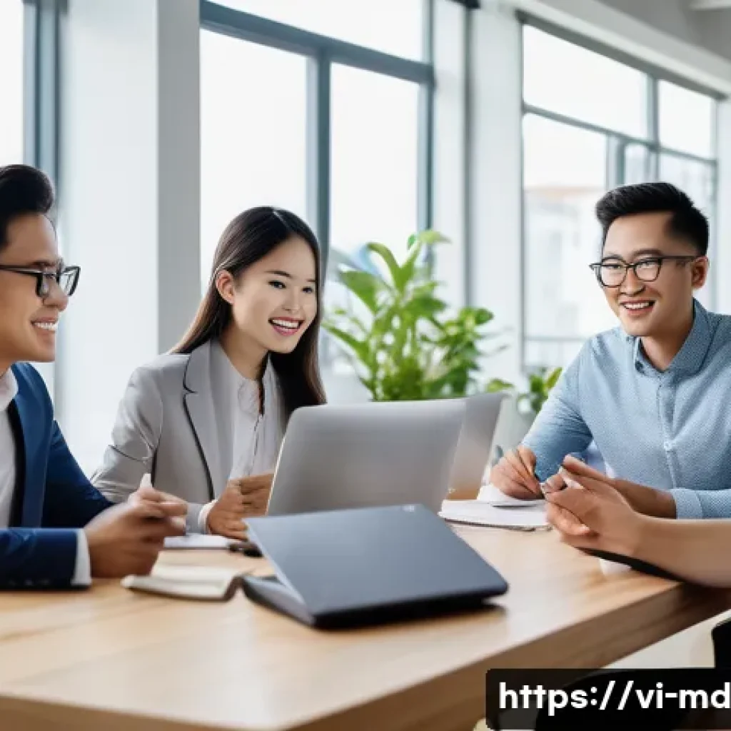 소셜 증명 활용한 팀 성과 관리 - A modern Vietnamese office environment showing a diverse team of young professionals in business cas...