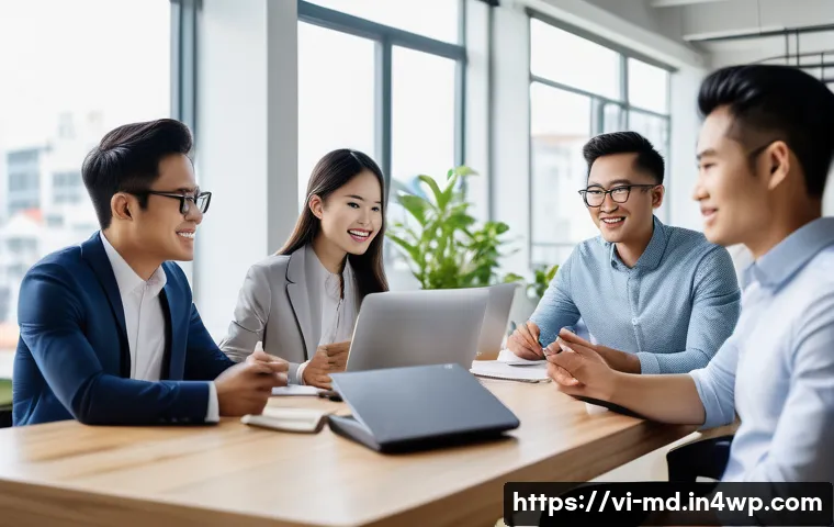 소셜 증명 활용한 팀 성과 관리 - A modern Vietnamese office environment showing a diverse team of young professionals in business cas...