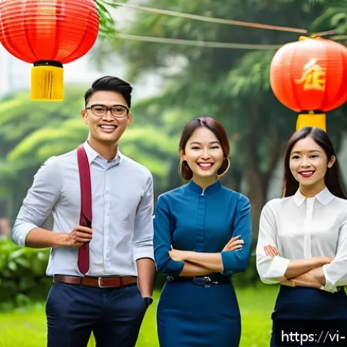 Home 32 소셜 증명 기반의 인사관리 전략 - A modern Vietnamese office environment showing a diverse team of young professionals engaging in a l...