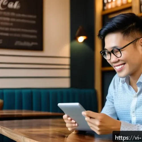 Home 17 소셜 증명 활용한 효과적인 커뮤니케이션 - A modern Vietnamese small business owner in a cozy, well-lit cafe, engaging warmly with customers wh...